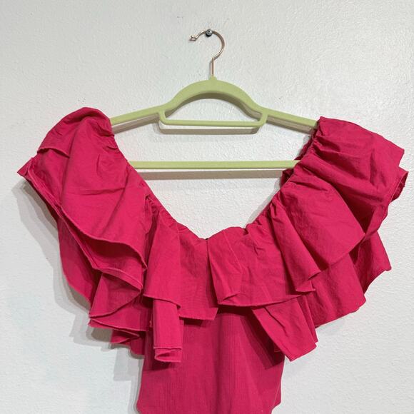 Zara Hot Pink Ribbed knit Poplin Ruffle Bodysuit Sz S - Picture 3 of 12